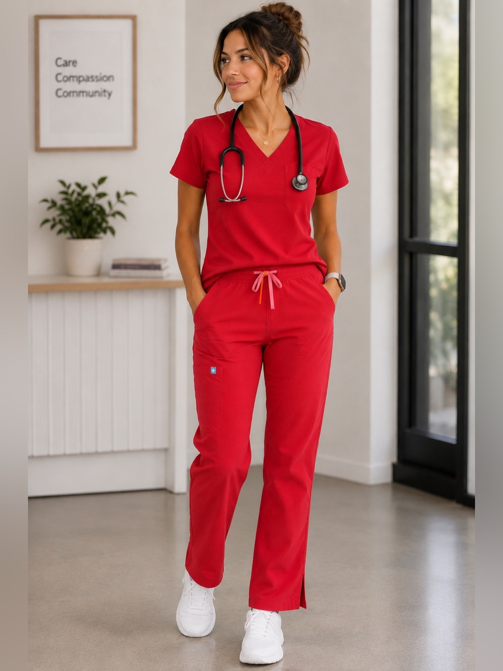FIGS Kade Scrub Pants Womens S Red Straight Leg Cargo FIONx Technical